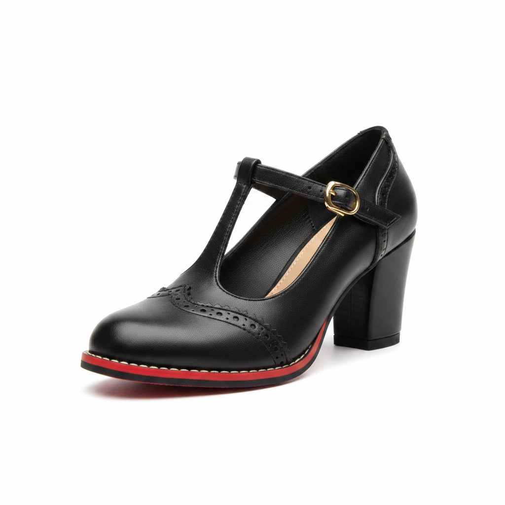 Women’s retro T-bar court heels, black leather with gold buckle and red-trim sole