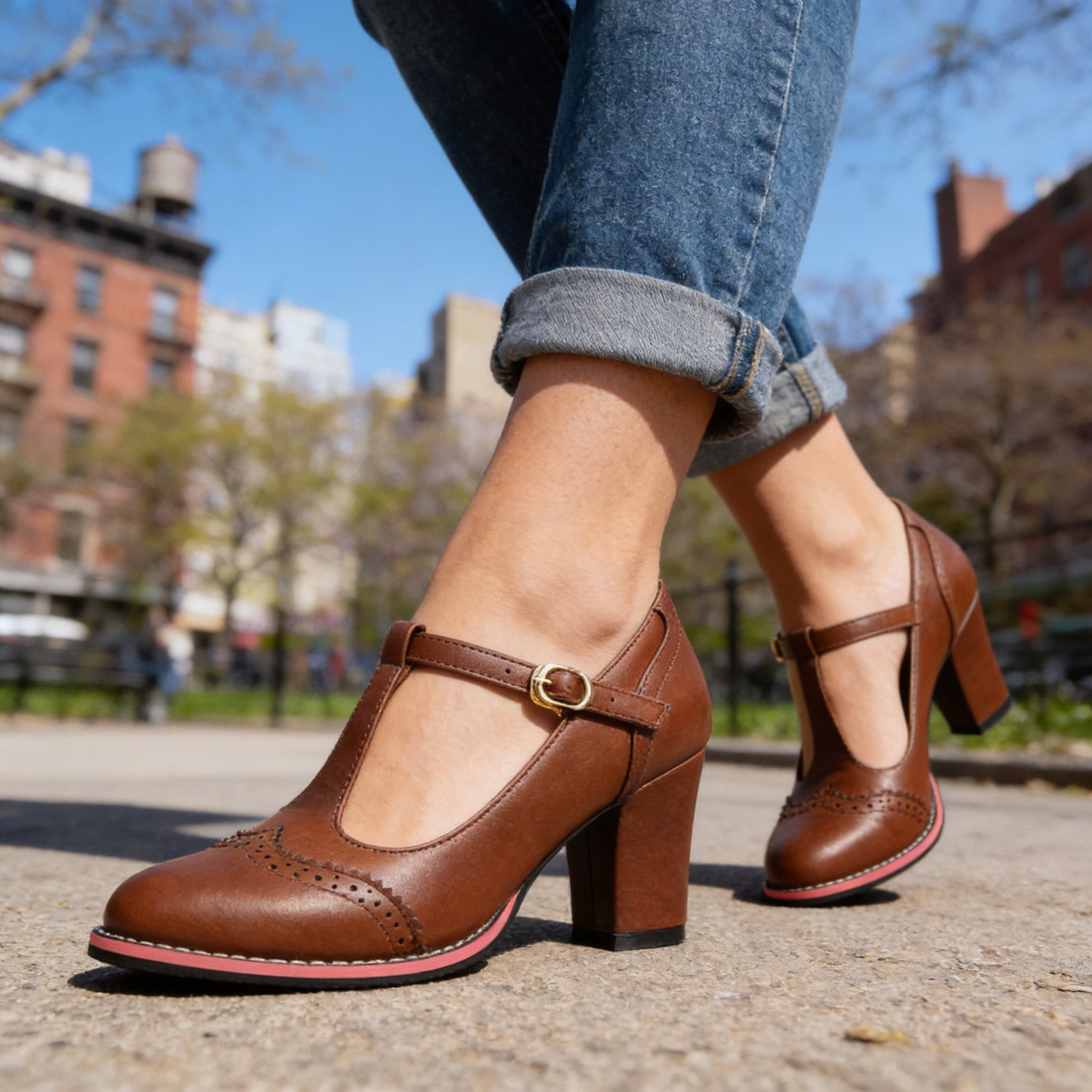 Women’s retro T-bar court heels, brown leather with gold buckle and block heel