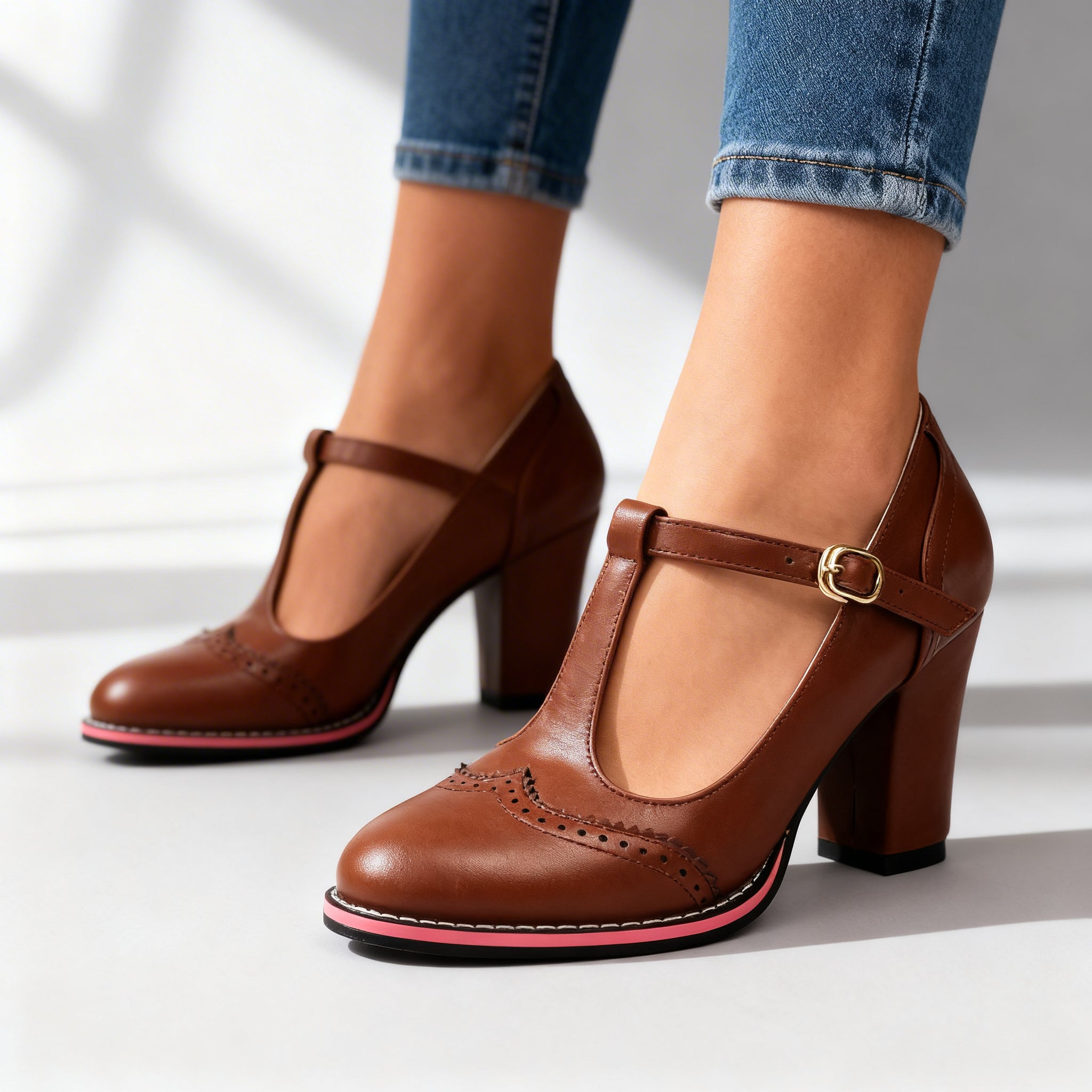 Women's T-bar court heels in brown leather with gold buckle and block heel