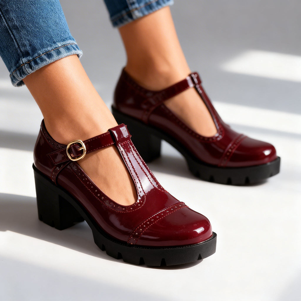 Burgundy patent Mary Jane heels with T-bar strap, chunky heel, and lug sole