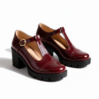 Women's Retro Mary Jane Chunky Block Heels T-Bar Strap Gold Buckle Lug Sole