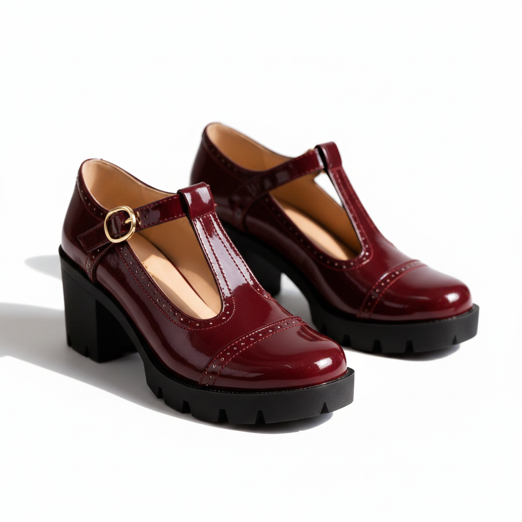 Women's Retro Mary Jane Chunky Block Heels T-Bar Strap Gold Buckle Lug Sole