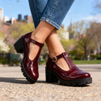 Burgundy Mary Jane t-bar heeled shoes with glossy finish and chunky lug sole