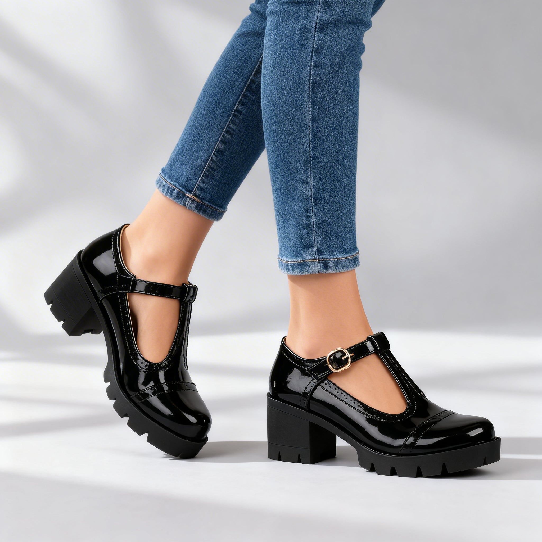 Black Mary Jane T-bar heels with open instep strap and chunky lug sole