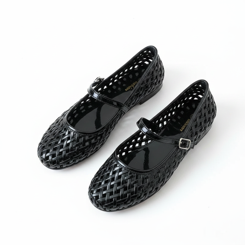 Women's Woven Jelly Mary Jane Flats Retro Lattice Ankle Strap