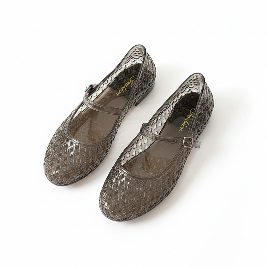 Taupe woven jelly Mary Jane flats with lattice texture and ankle strap