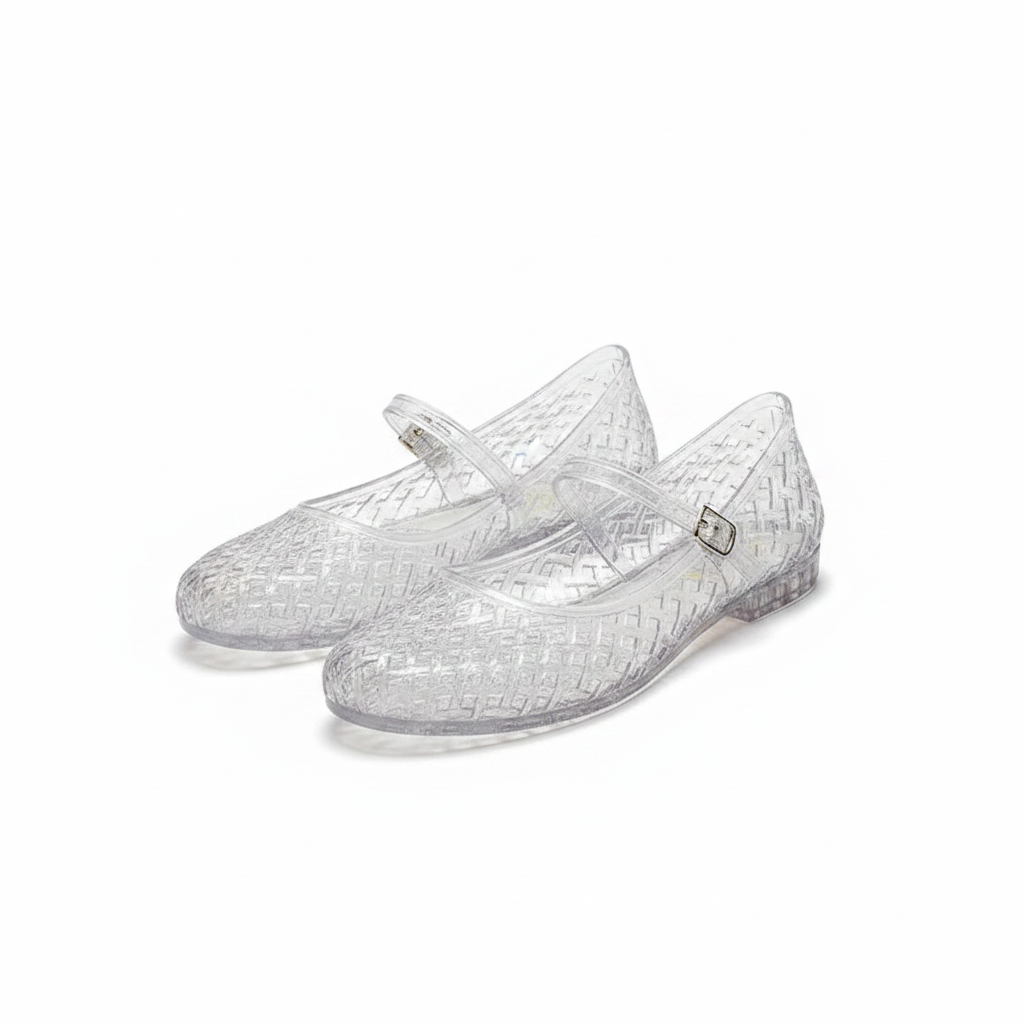 White woven jelly Mary Jane flats with lattice texture and buckle ankle strap