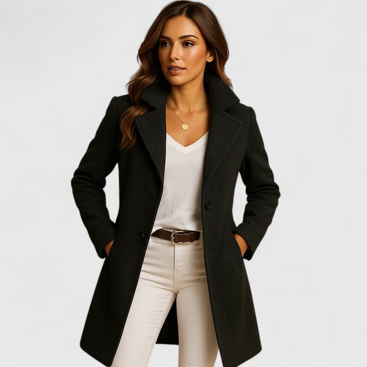 Black long wool-look coat with notched lapels and button front, side pockets
