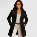 Black long wool-look coat with notched lapels and button front, side pockets