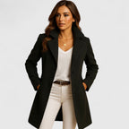 Black long wool-look coat with notched lapels and button front, side pockets