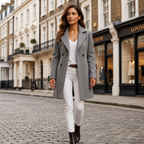Women's slim-fit tailored coat with classic lapels and button closure, grey