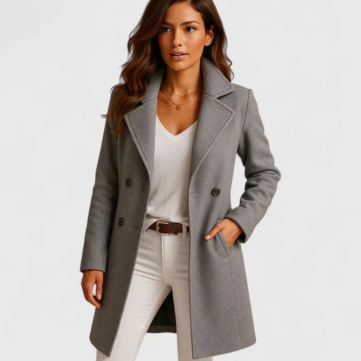 Gray long coat with notched lapels, button closure, and side pockets