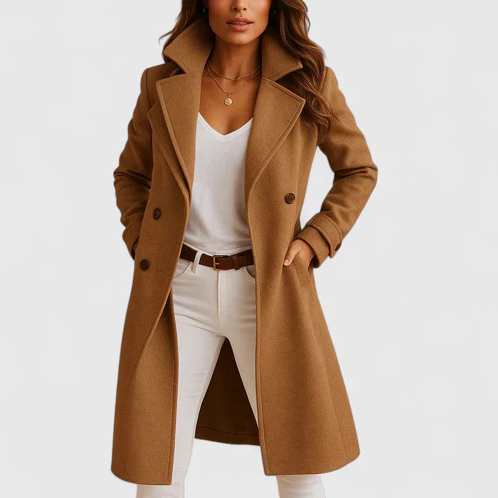 Camel long coat with notched lapels, button closure, and side pockets