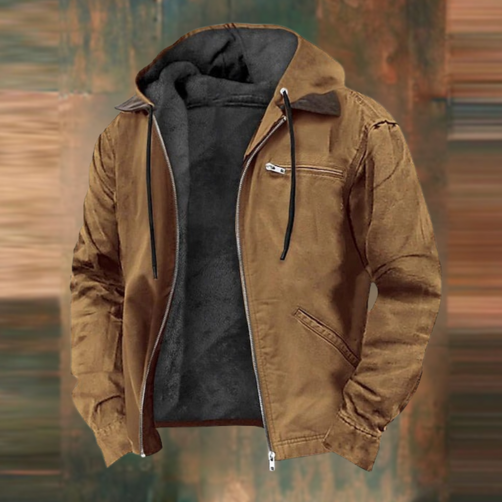 Hooded zip-up jacket in brown with gray hood and flap chest pocket