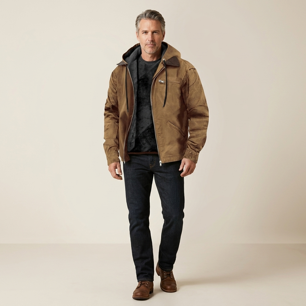 Men's brown zip-up jacket with hood, drawstrings and front pockets