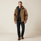Men's brown zip-up jacket with hood, drawstrings and front pockets