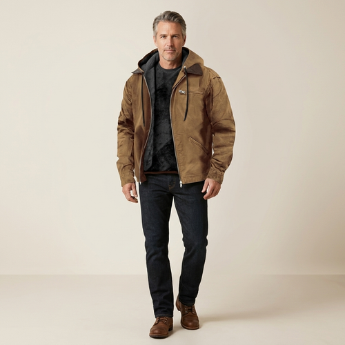 Men's brown zip-up jacket with hood, drawstrings and front pockets