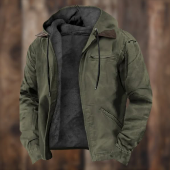 Hooded zip-up jacket in dark green with black hood and side pockets