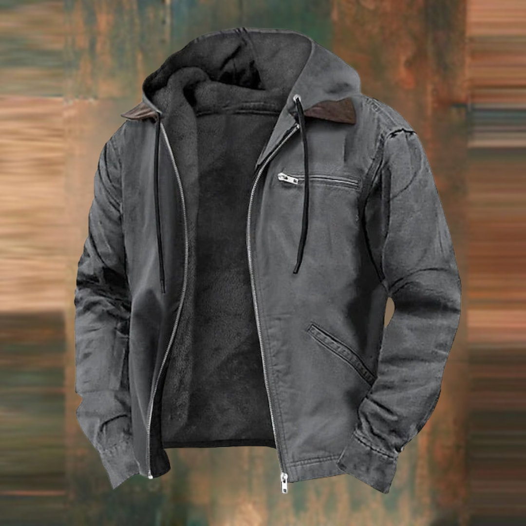 Hooded zip-up jacket in gray with dark hood, front zipper and chest pocket