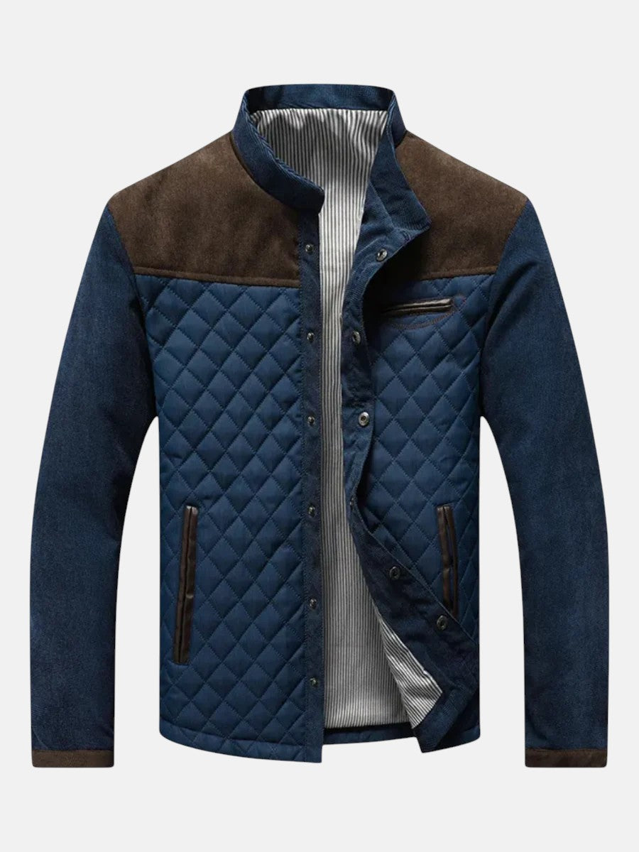 Men's designer jacket with quilted navy front, blue sleeves, brown collar and pockets