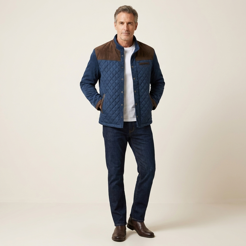 Men's quilted jacket with brown collar and stand-up neckline, front zipper, casual fit