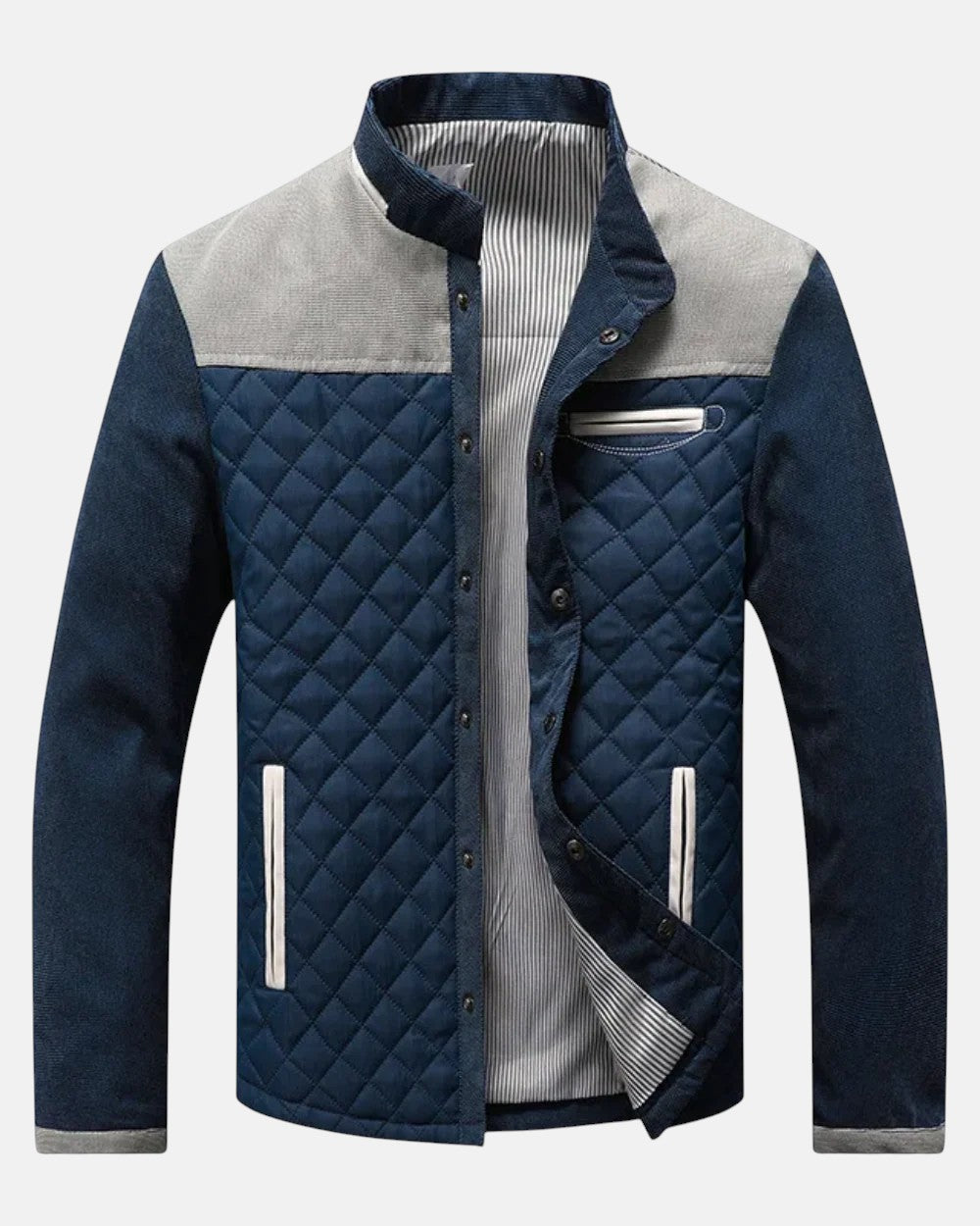 Men's designer jacket with quilted navy front, gray shoulders, blue sleeves, chest pocket