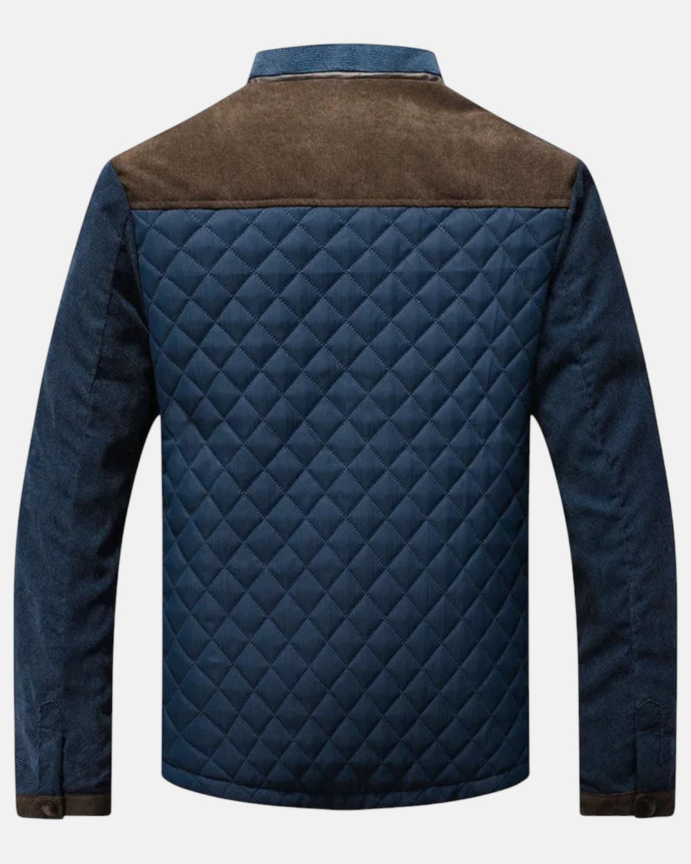Men's designer jacket back with quilted navy panel, blue sleeves, brown upper yoke