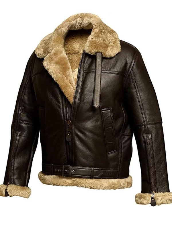 Brown leather jacket with tan shearling collar, full-zip front, and side pockets