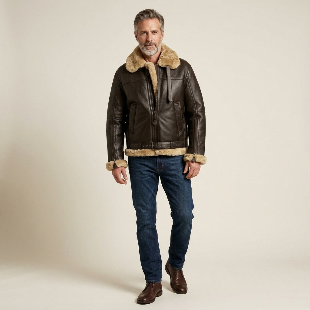 Men's brown leather jacket with sheepskin-lined collar, front zip, and waist buckle belt