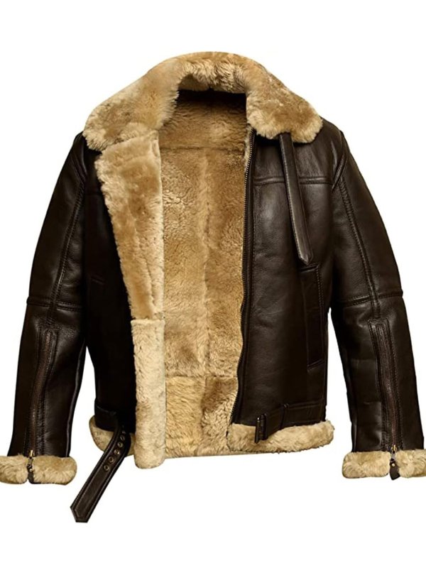 Brown leather jacket back view with tan shearling lining and raised collar
