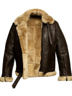 Brown leather jacket back view with tan shearling lining and raised collar