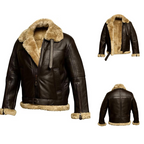 Brown leather jacket with tan shearling collar; front and back views shown
