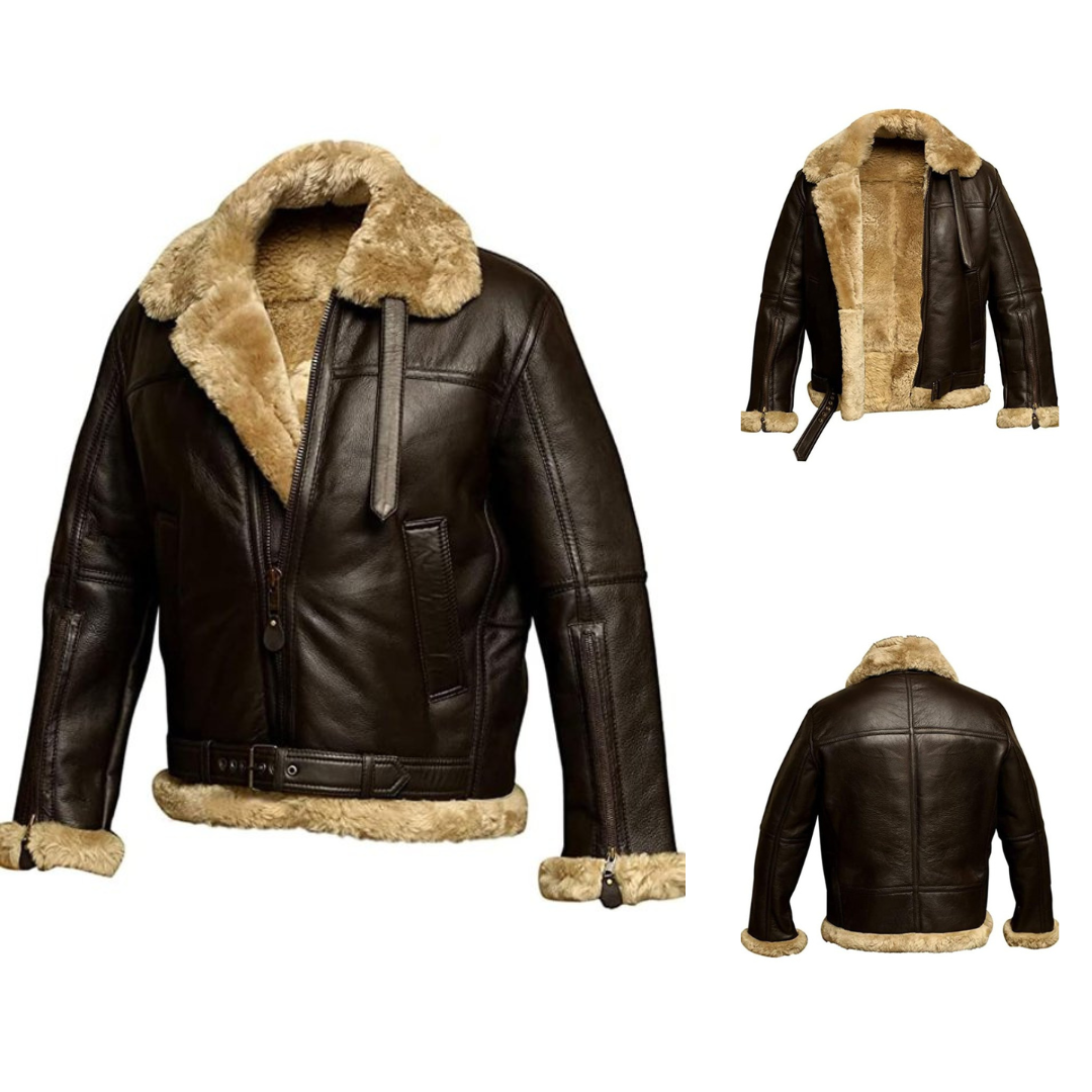 Brown leather jacket with tan shearling collar; front and back views shown