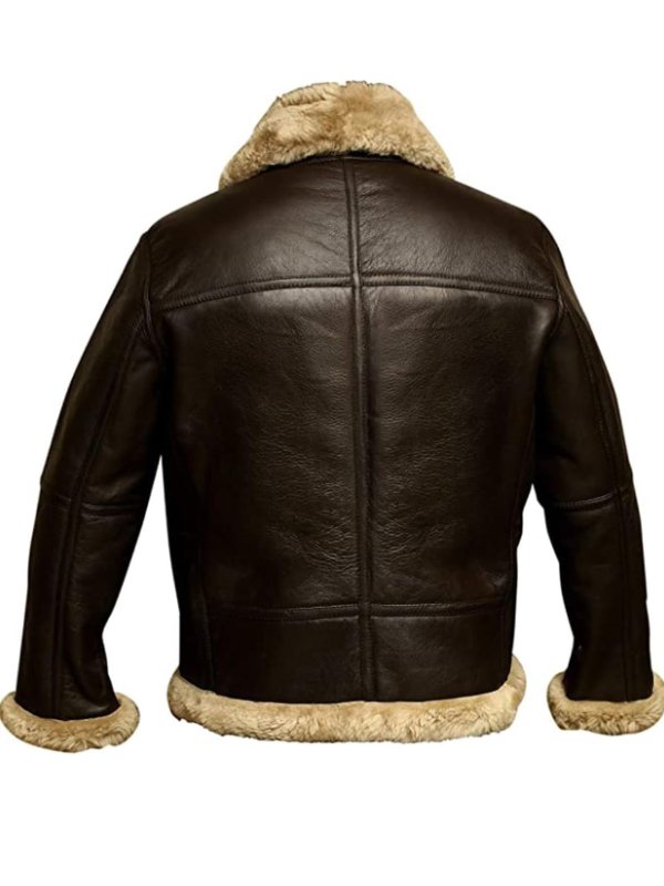 Brown leather jacket back view with tan shearling hem and plush collar