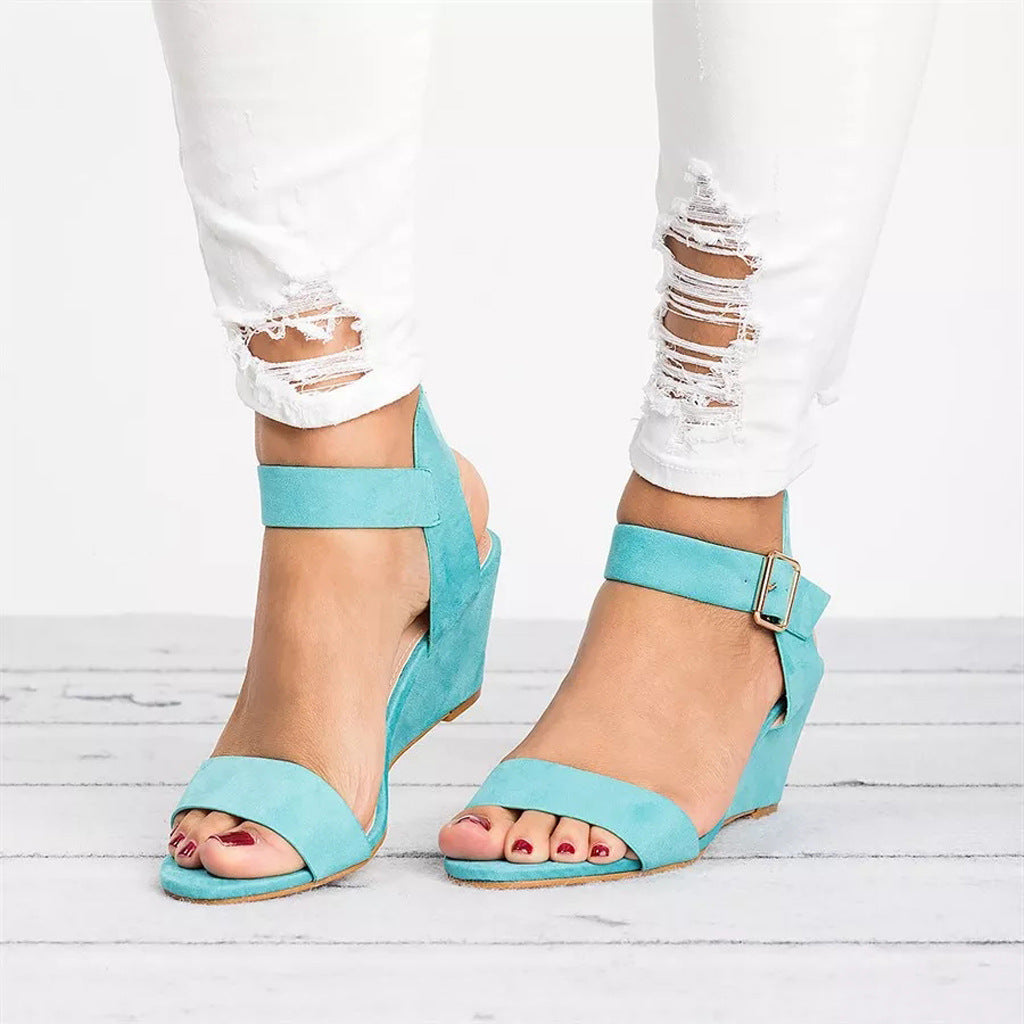 Women's sky blue wedge sandals, open toe with adjustable ankle strap, side view.