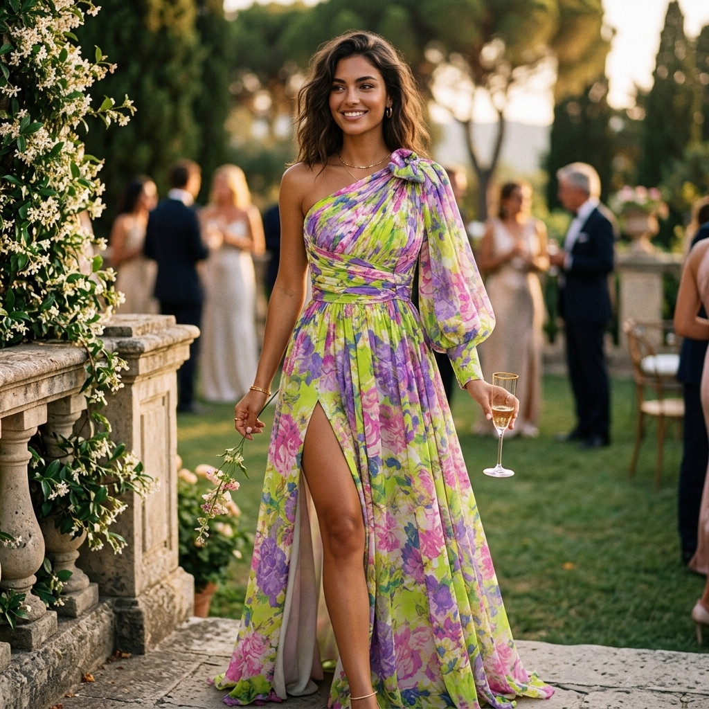 Multicolour one-shoulder maxi dress with floral print, draped sleeve, and leg slit