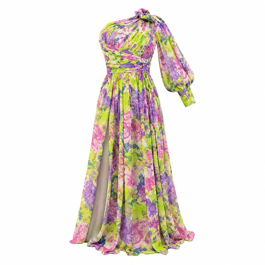 Multicolour one-shoulder maxi dress with flowing skirt, tiered bodice, and side slit