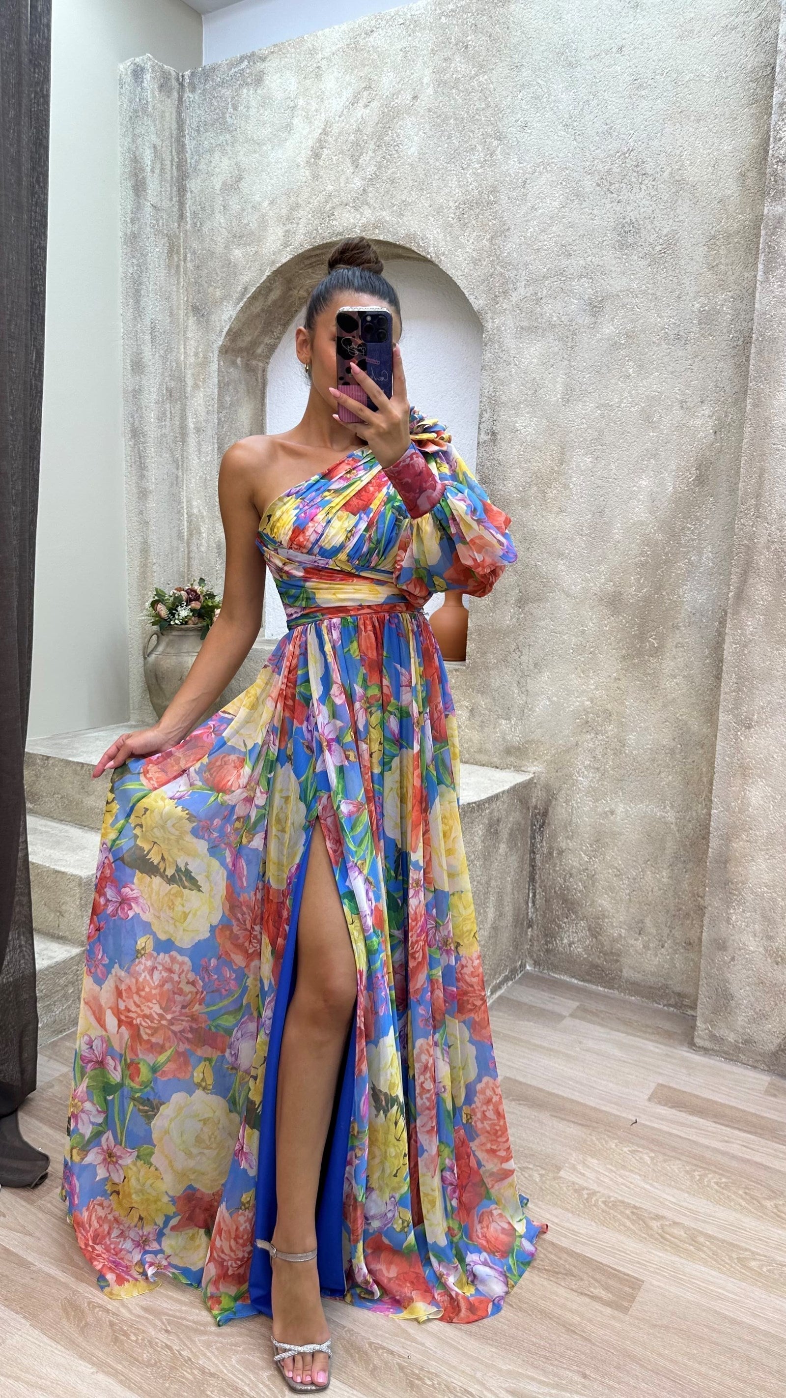 Multicolour one-shoulder maxi dress with gathered waist, long flowing skirt, leg slit