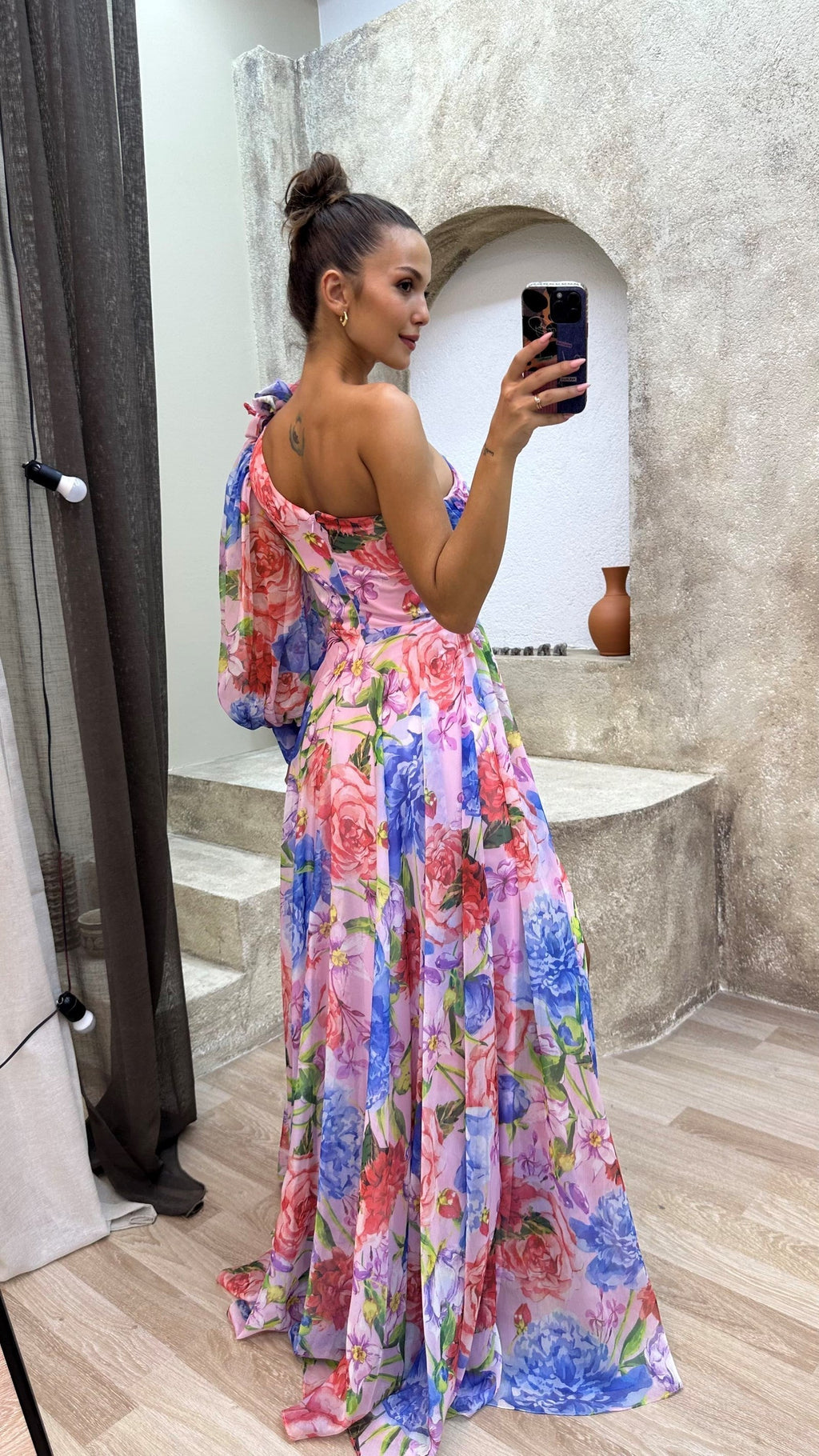 Multicolour one-shoulder maxi dress, flowing skirt with side slit, draped sleeve