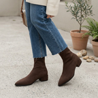 Women’s brown pointed-toe block heel ankle boots with cushioned fit