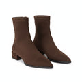 Brown women's pointed-toe ankle boots with block heel and sleek side profile