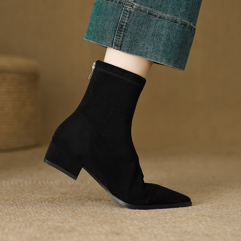 Black women's pointed-toe ankle boots with block heel and side zip detail