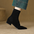 Black women's pointed-toe ankle boots with block heel and side zip detail