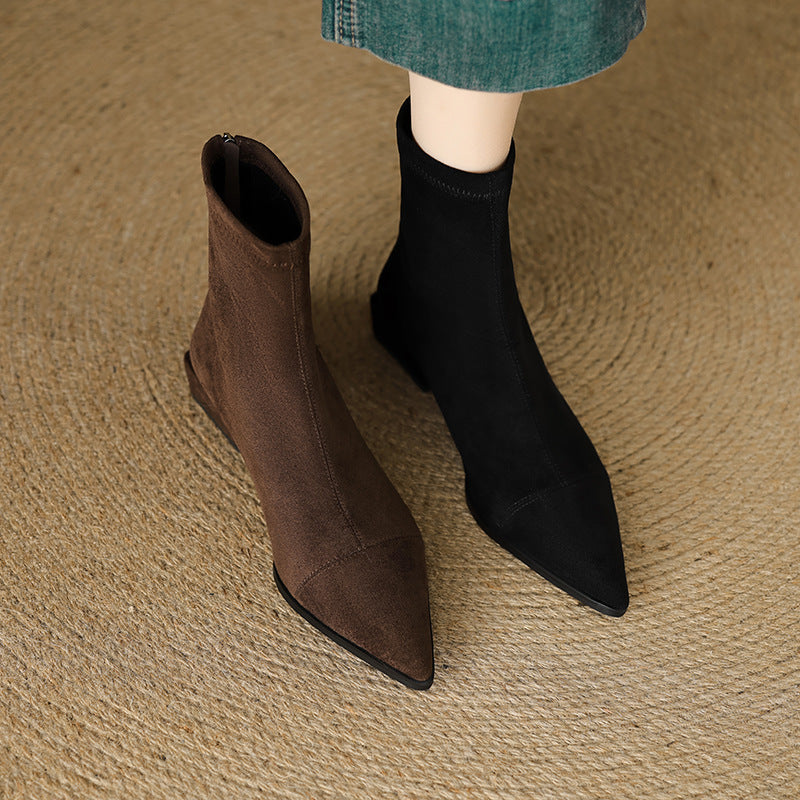 Pair of women's pointed-toe ankle boots: brown and black block-heel styles