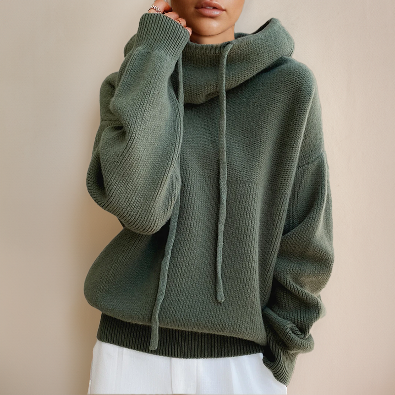 Women's green knitted hoodie with waterfall cowl collar and drawstring hood