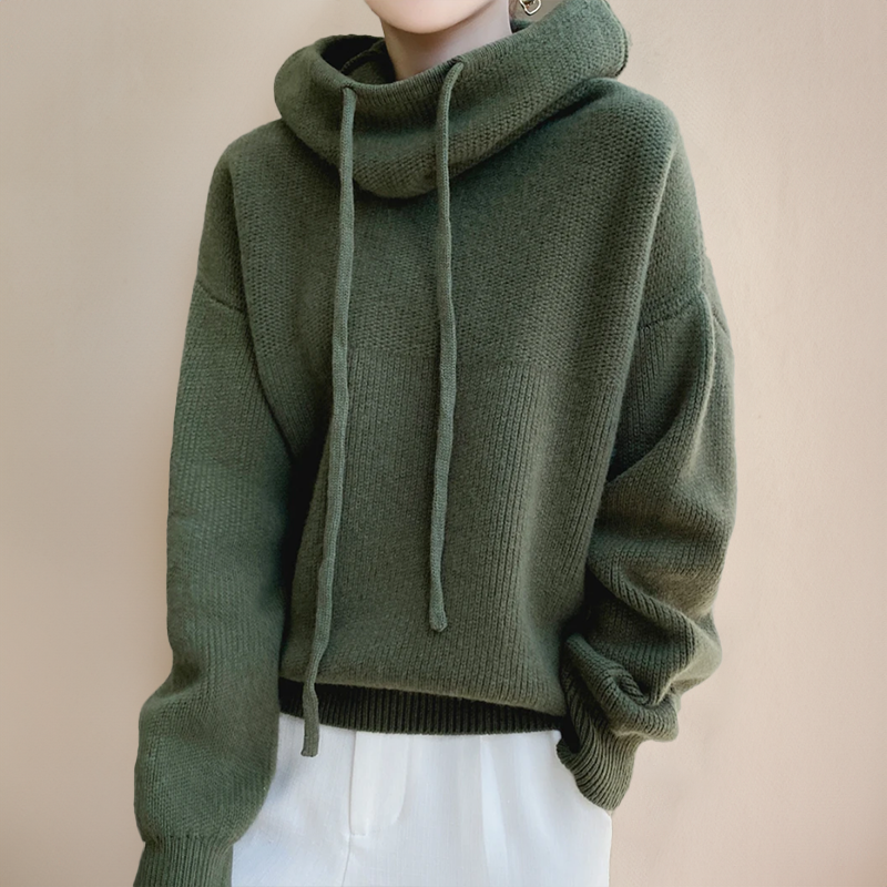 Women's green knitted hoodie, relaxed fit, drawstring hood and cowl neckline