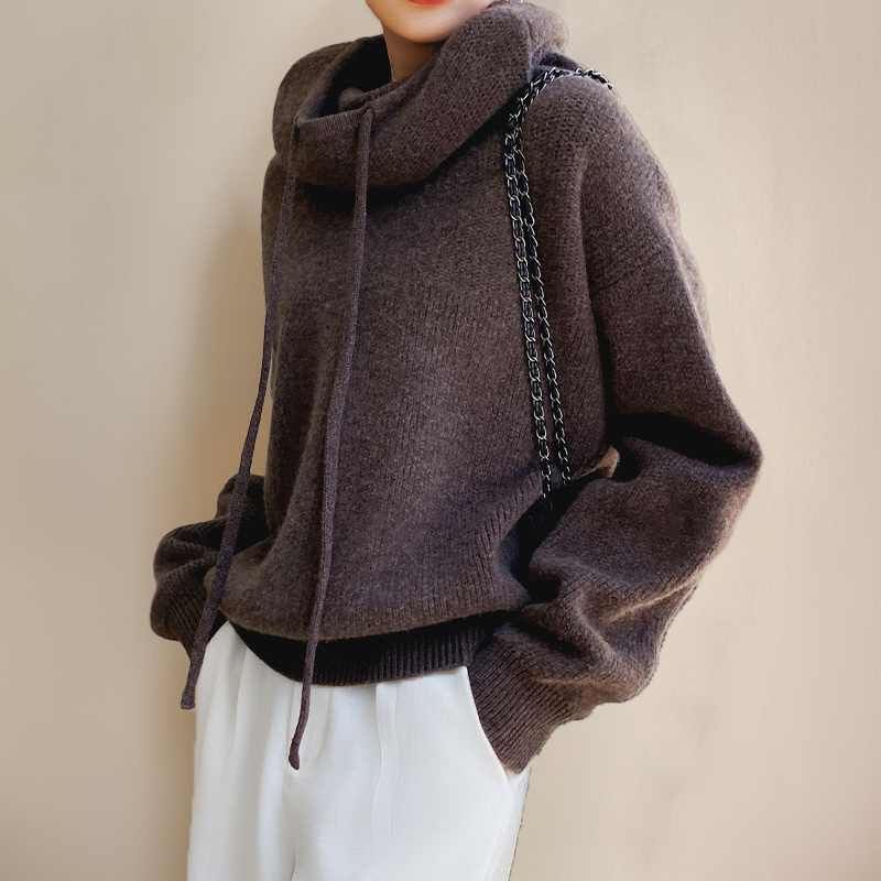 Women's dark brown knitted hoodie with waterfall cowl collar and drawstring hood