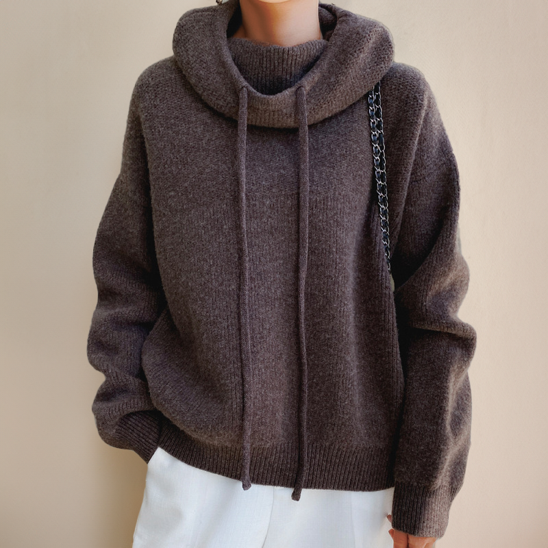 Women's dark brown knitted hoodie with drawstring hood and waterfall cowl collar