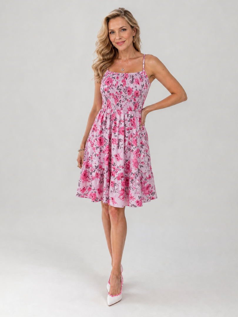 Pink floral spaghetti strap knee-length dress, tiered skirt and gathered waist