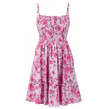 Pink floral sleeveless dress with spaghetti straps, gathered bodice and tiered skirt